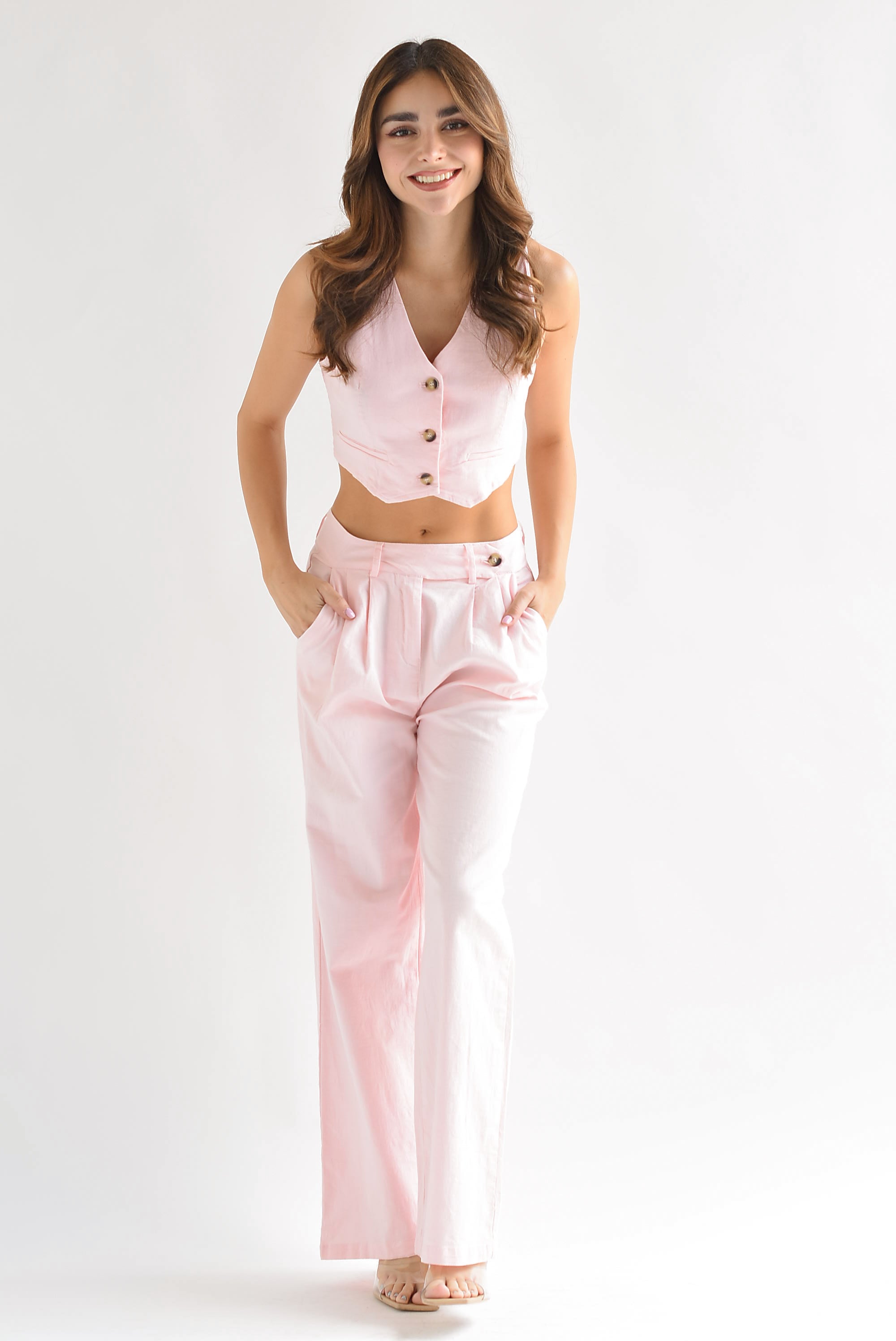 Set Pantalón pinzas y Chaleco lino Rosa