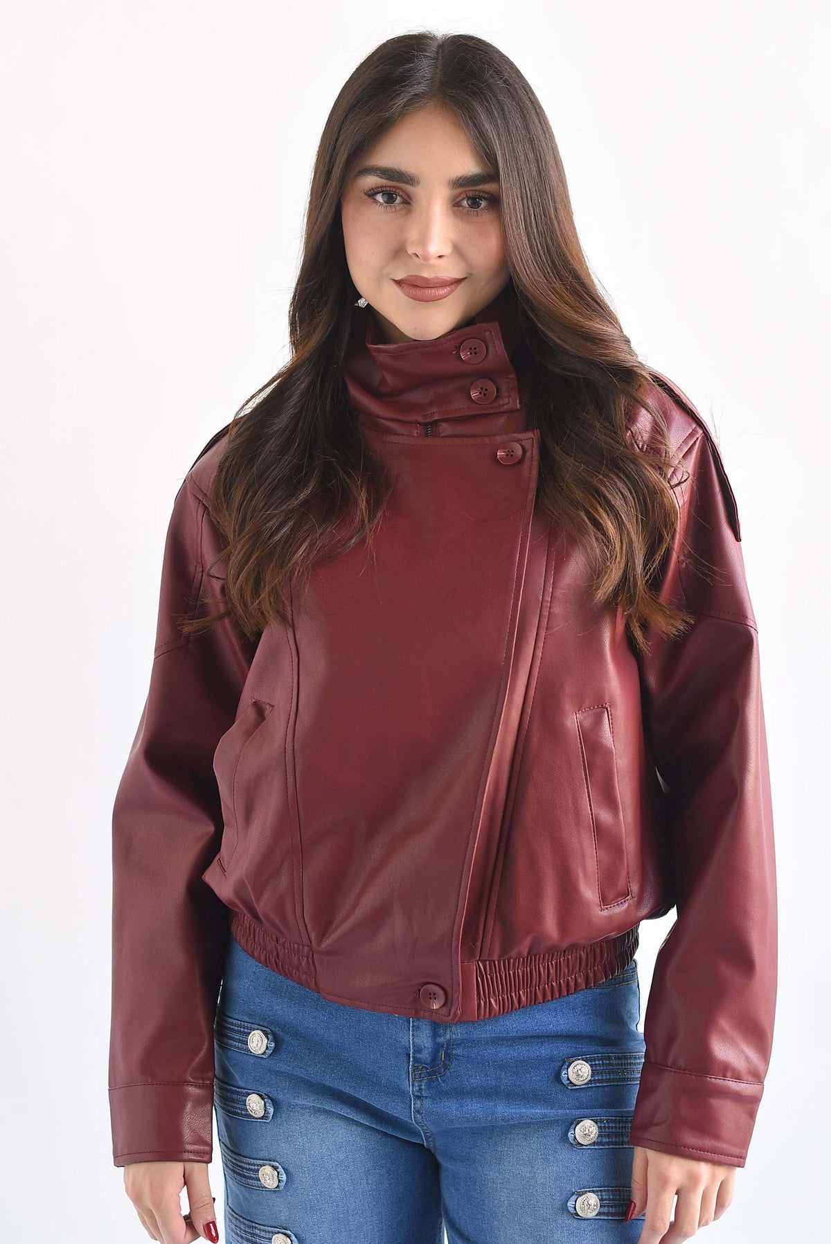 Chamarra biker cuello funnel vinipiel