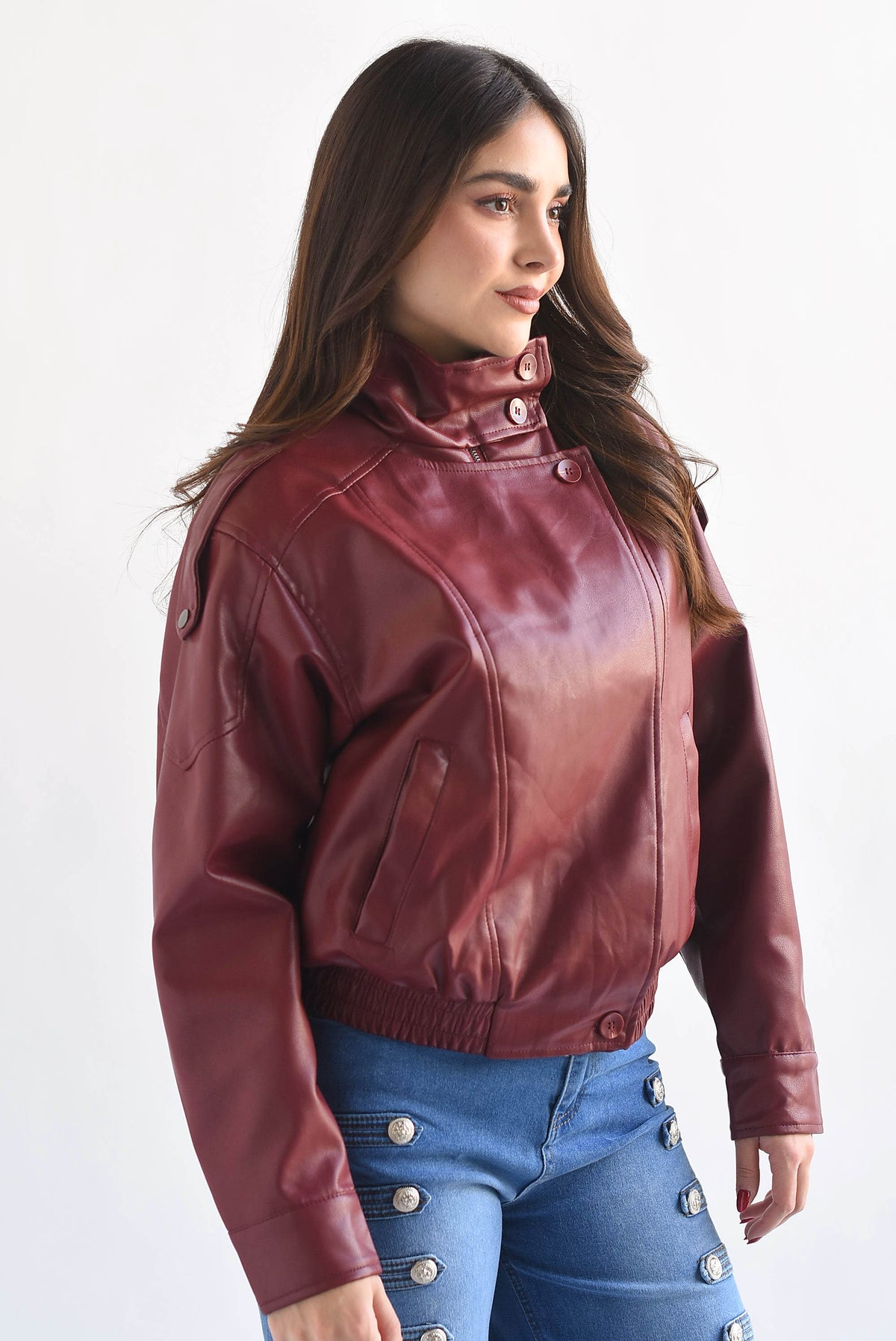 Chamarra biker cuello funnel vinipiel
