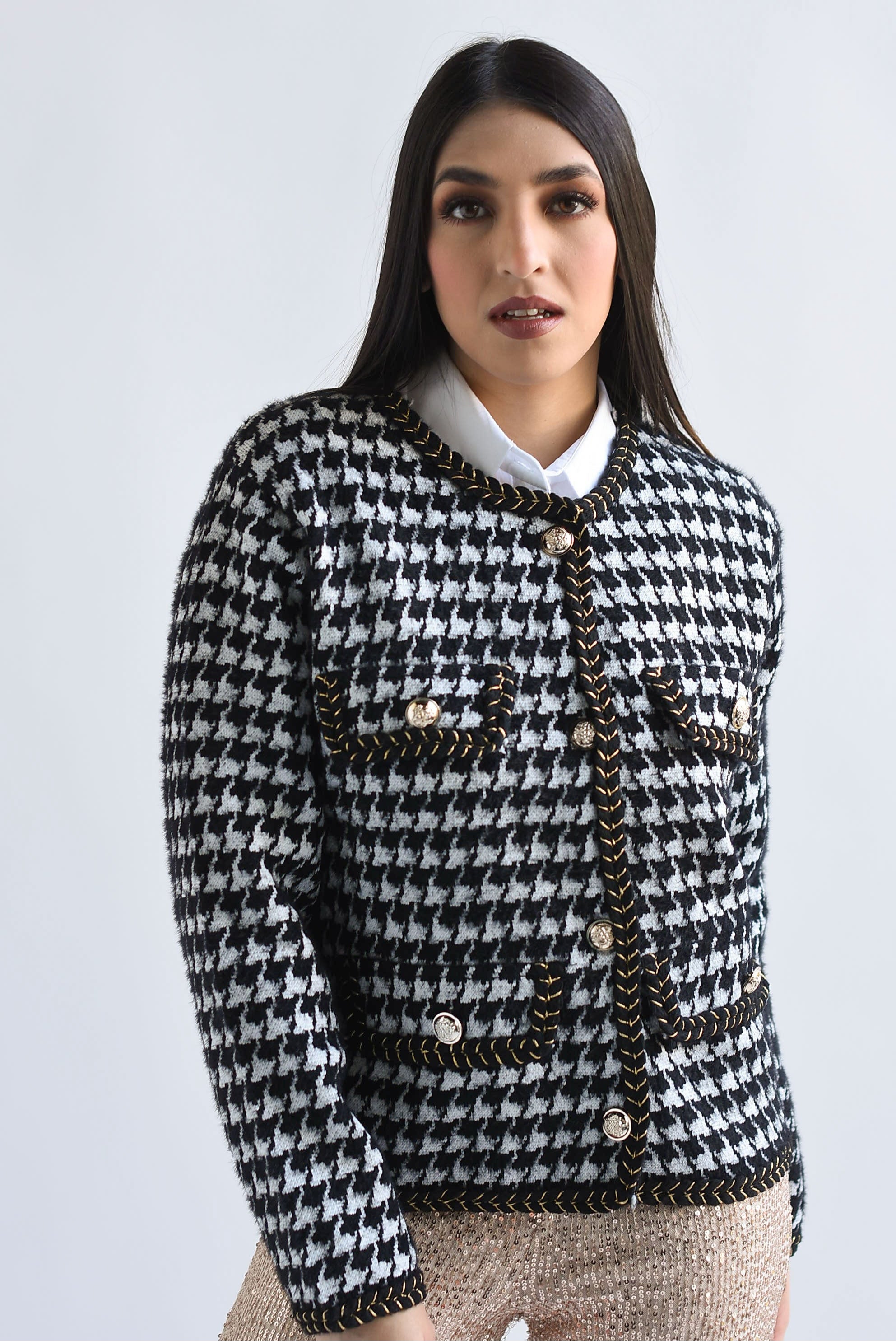 Sweater tipo saco pelo houndstooth Negro