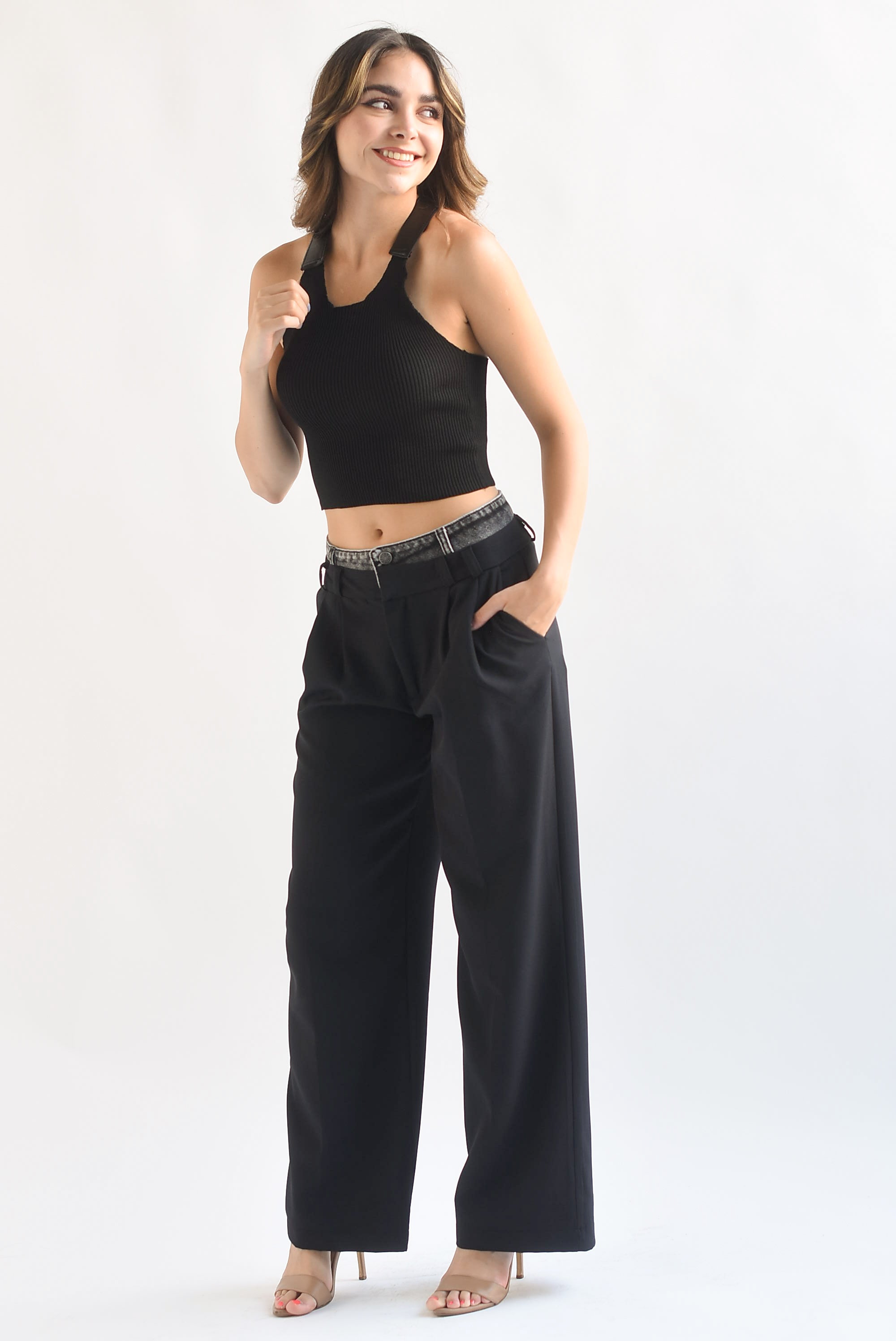 Pantalón de vestir pretina denim Negro