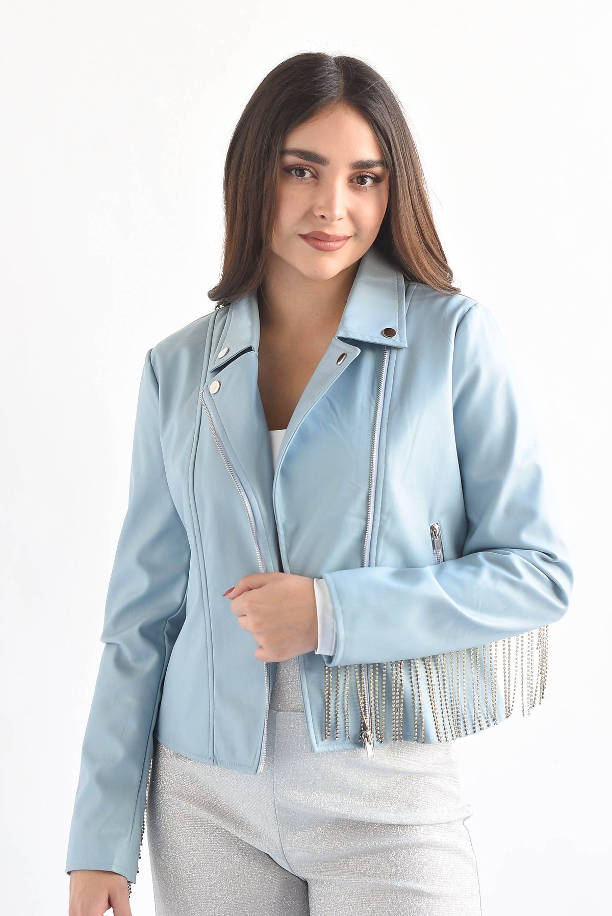 Chamarra biker vinipiel flecos brillos Azul