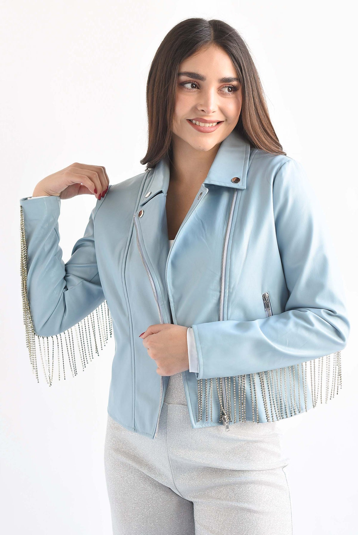Chamarra biker vinipiel flecos brillos Azul