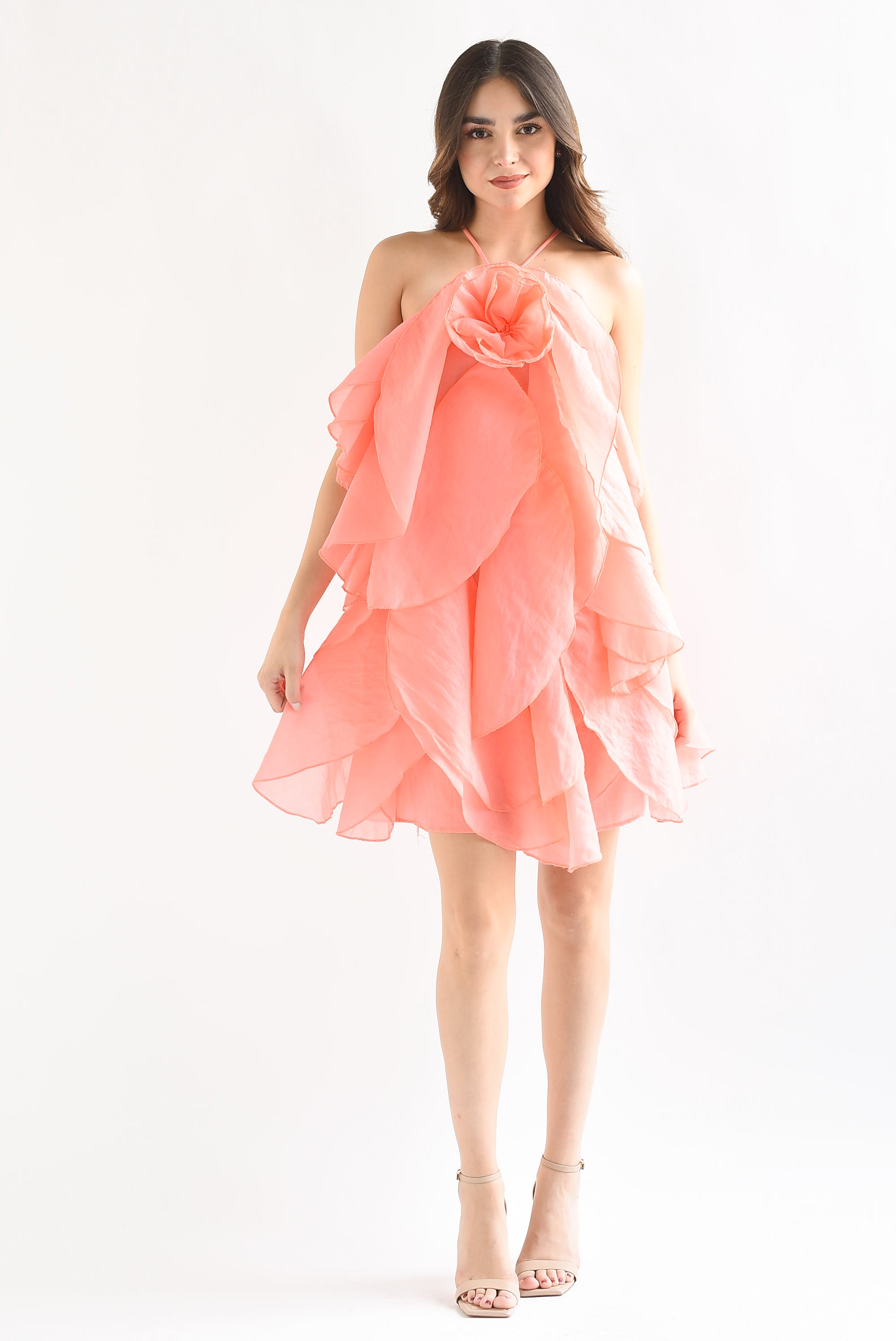 Vestido Flor Pétalos Coral