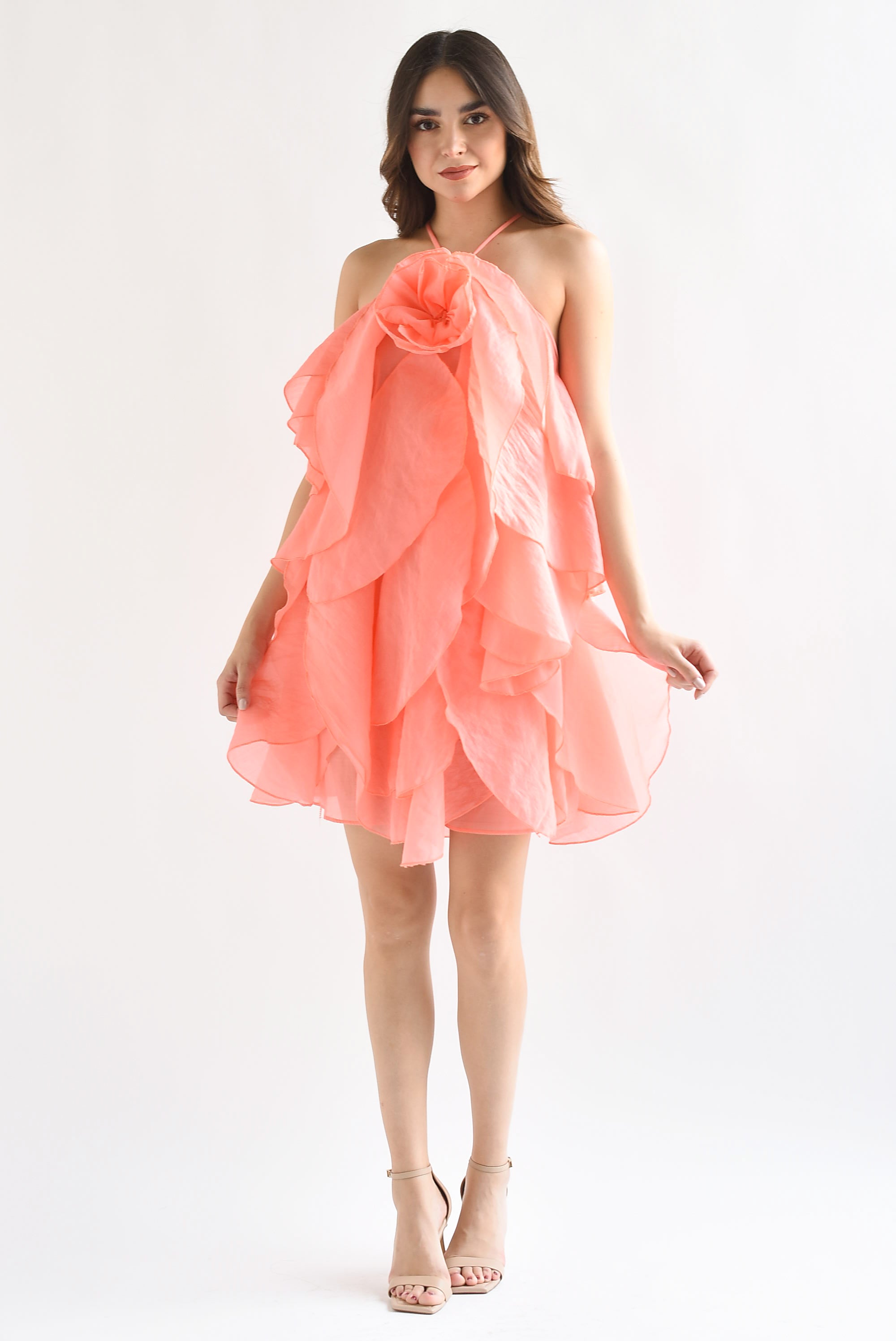 Vestido Flor Pétalos Coral