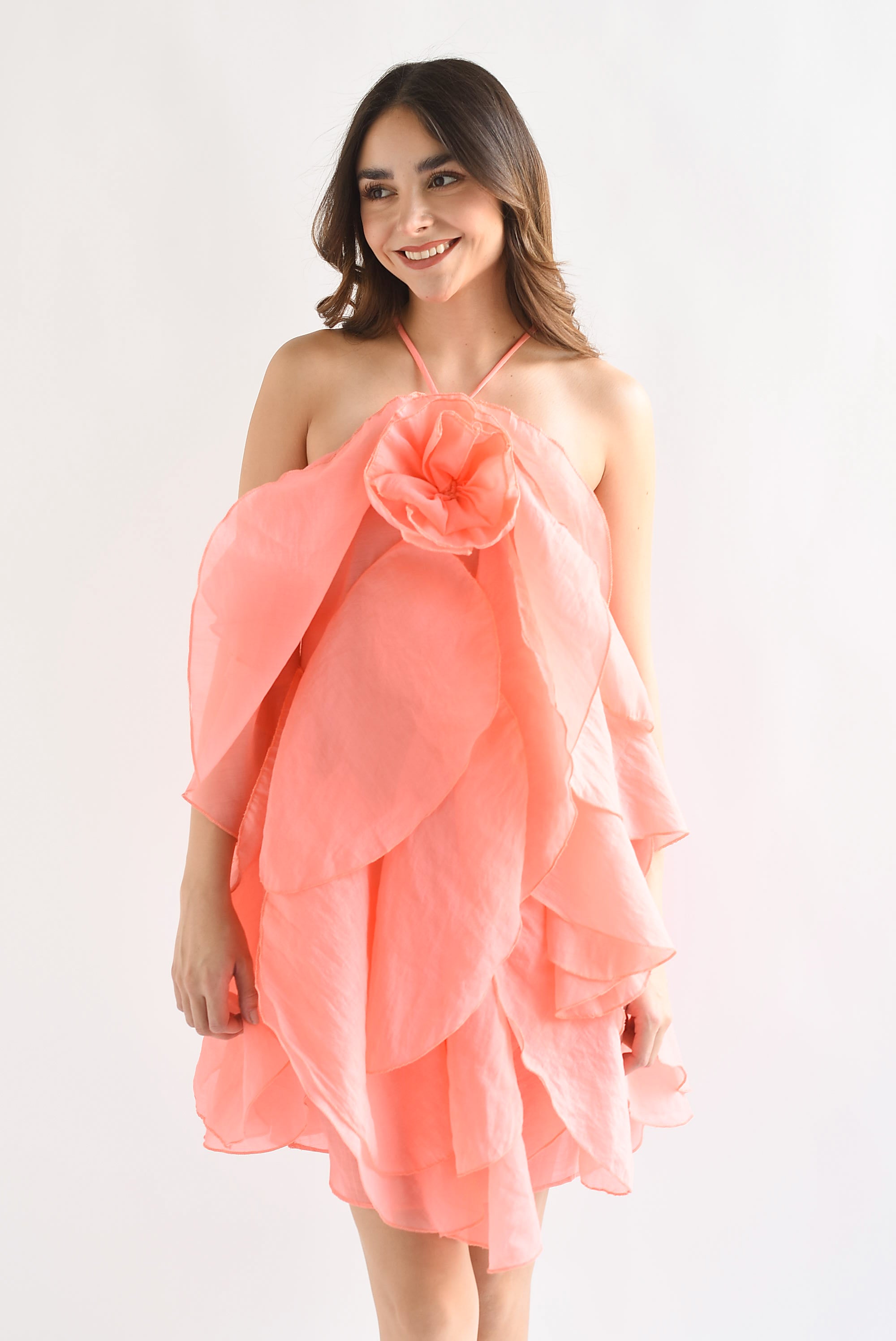 Vestido Flor Pétalos Coral