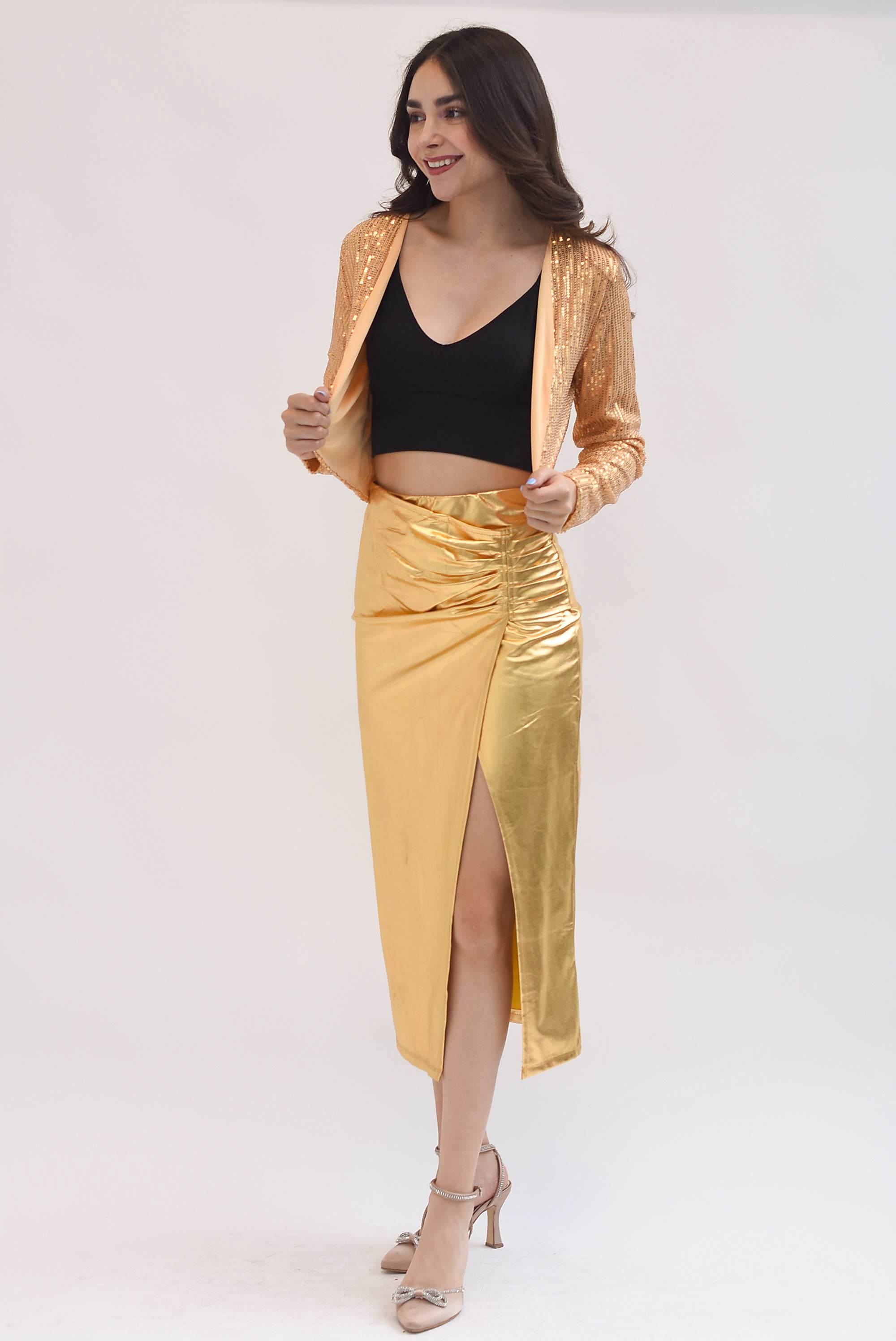 Falda drapeada metálica Dorada