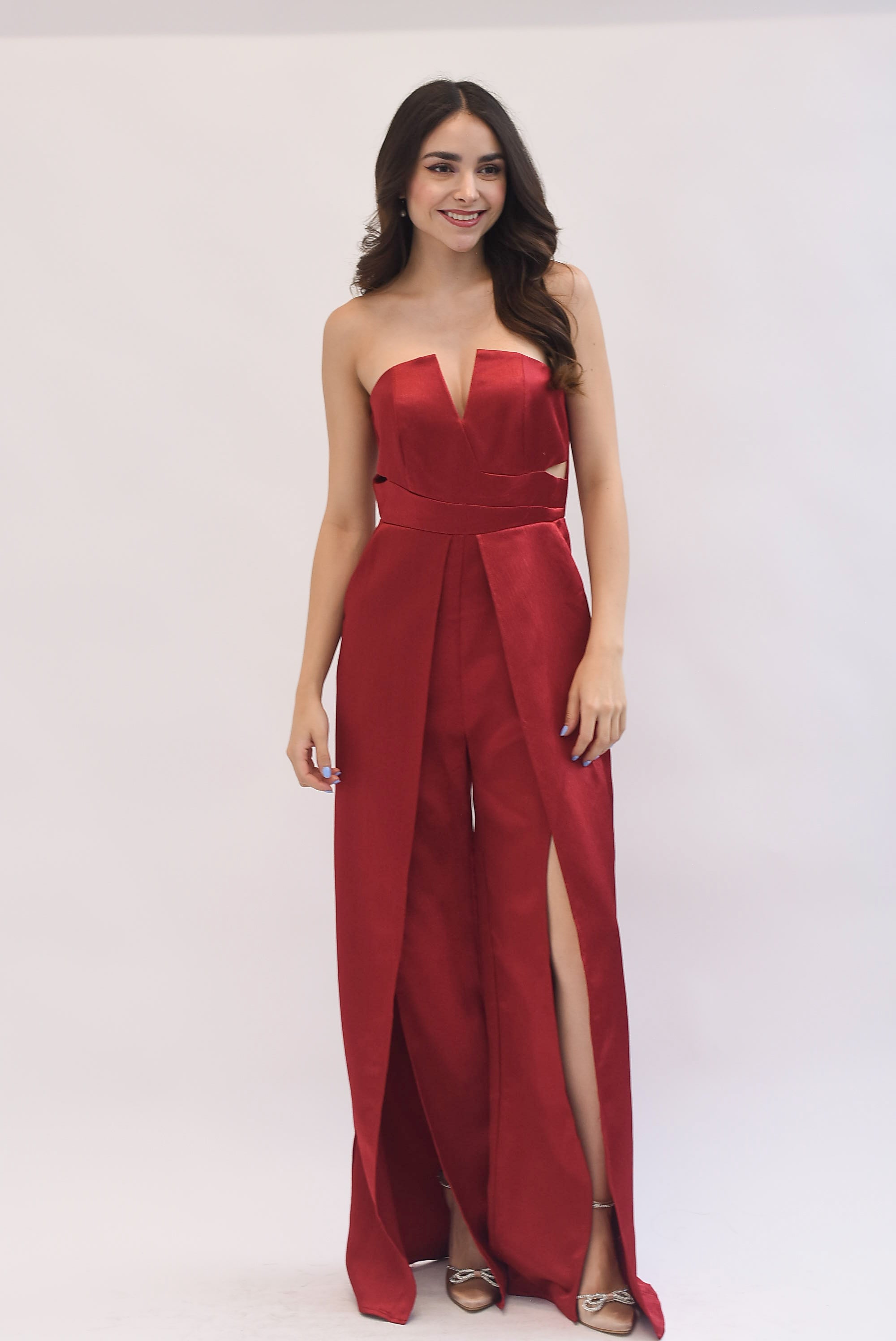 Jumpsuit strapless satín Rojo Cereza
