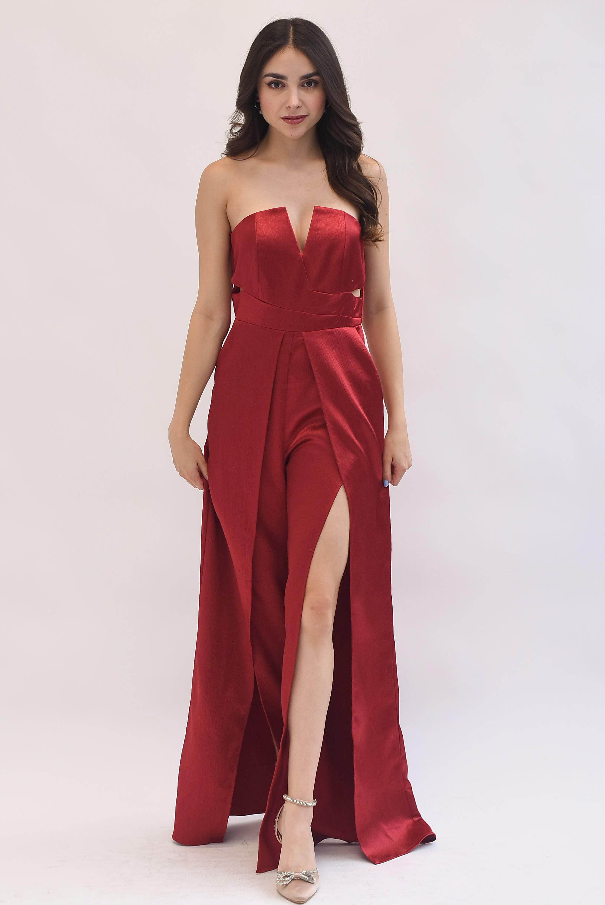 Jumpsuit strapless satín Rojo Cereza