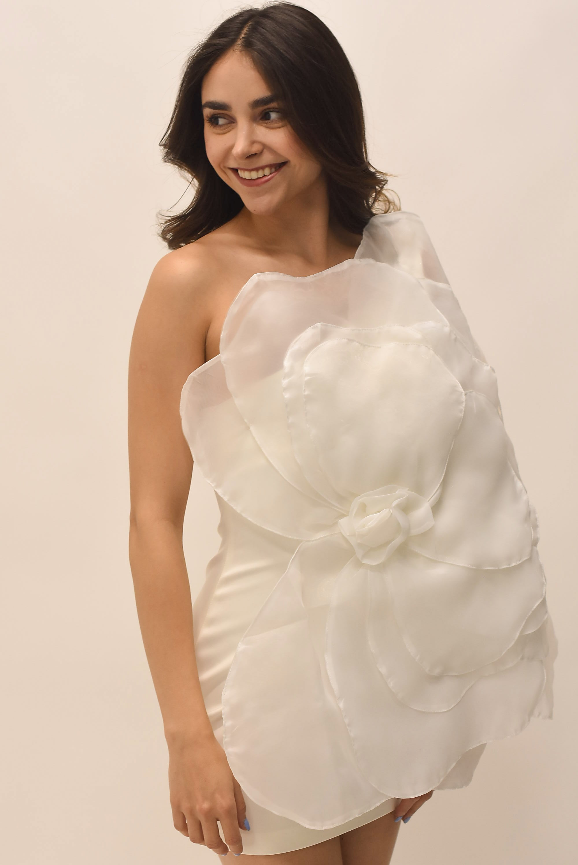 Vestido asimétrico Flor Organza 3D Blanco