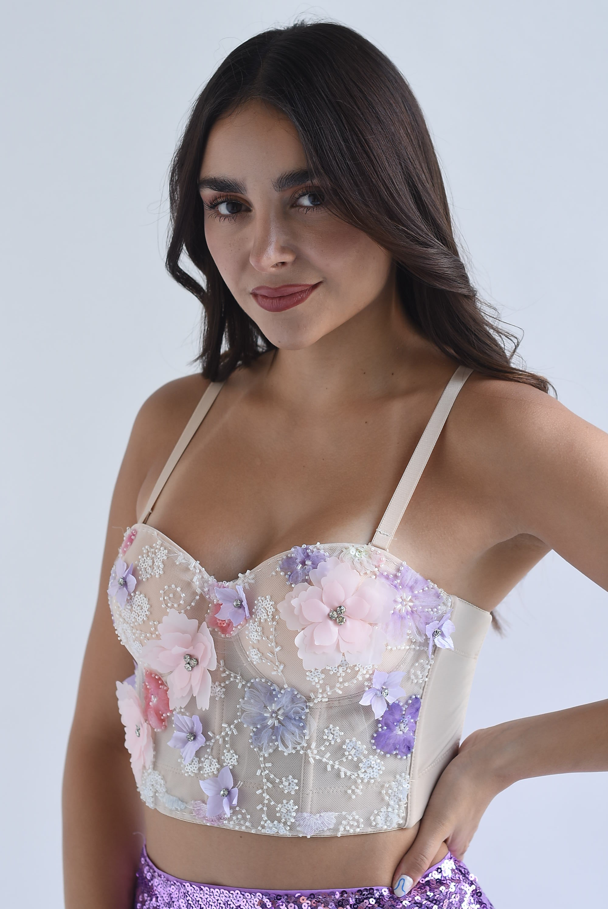 Top Bustier mesh flores bordadas