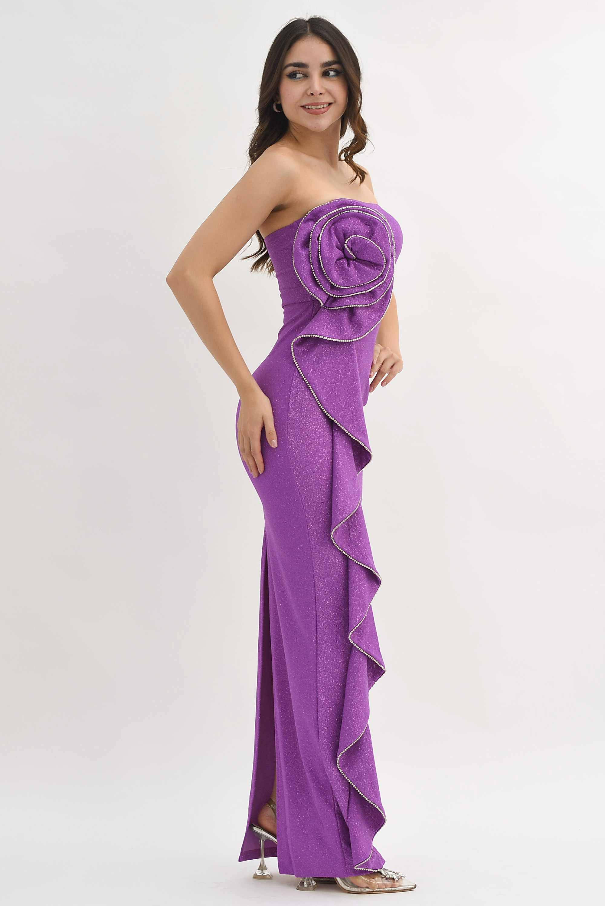 Vestido largo Flor 3D glitter Morado