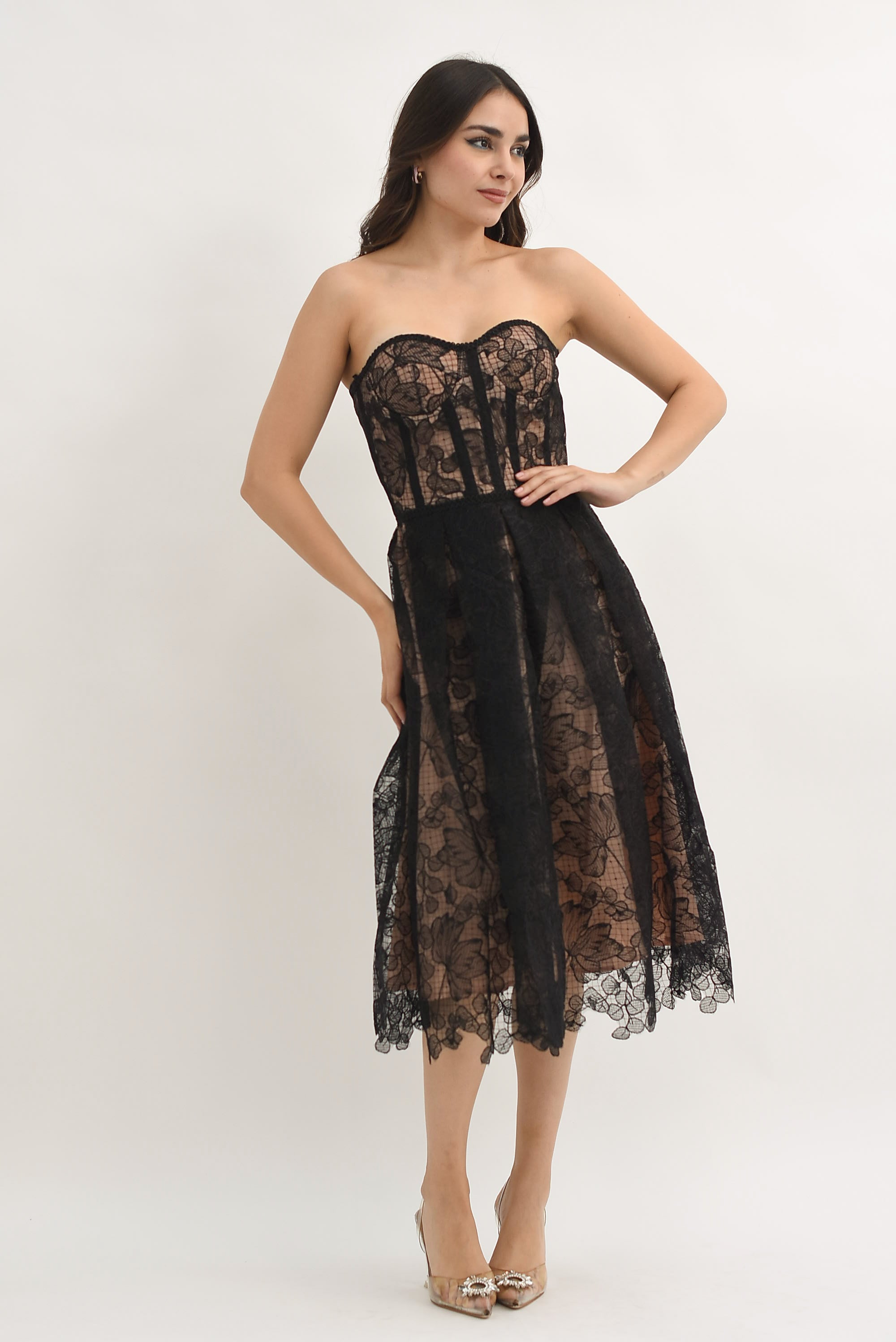 Vestido strapless encaje Negro