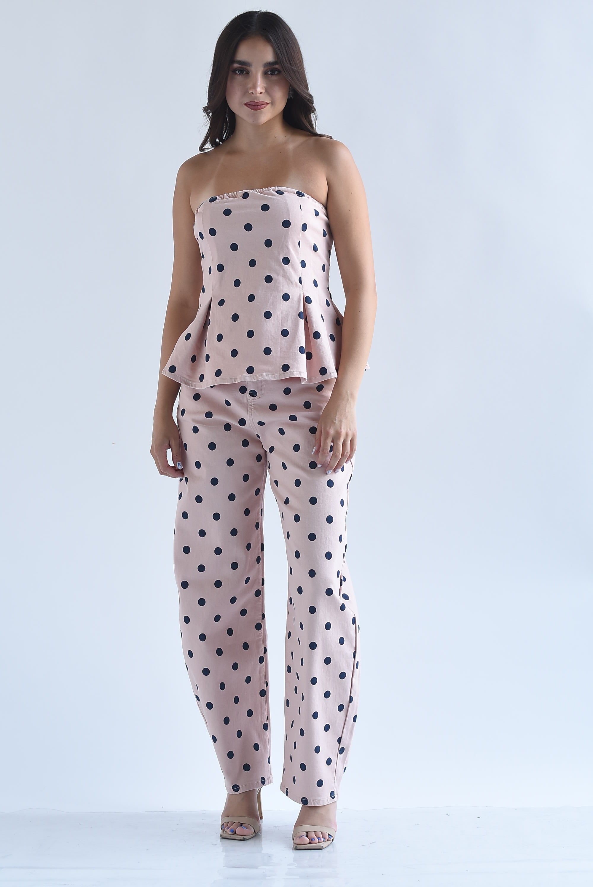 Set Pantalón barrel y Blusa peplum polka dots Denim