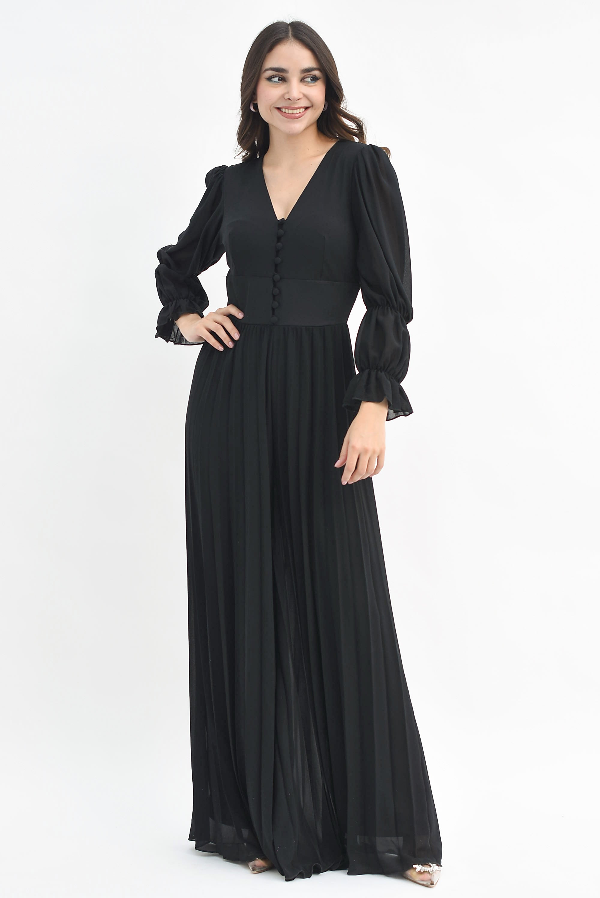 Jumpsuit tableado de gasa Negro