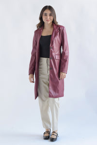 Fashion Styled Abrigo vinipiel bolsillos ojal Vino