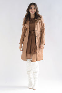 Fashion Styled Abrigo vinipiel bolsillos ojal Camel