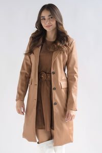 Fashion Styled Abrigo vinipiel bolsillos ojal Camel