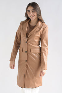Fashion Styled Abrigo vinipiel bolsillos ojal Camel