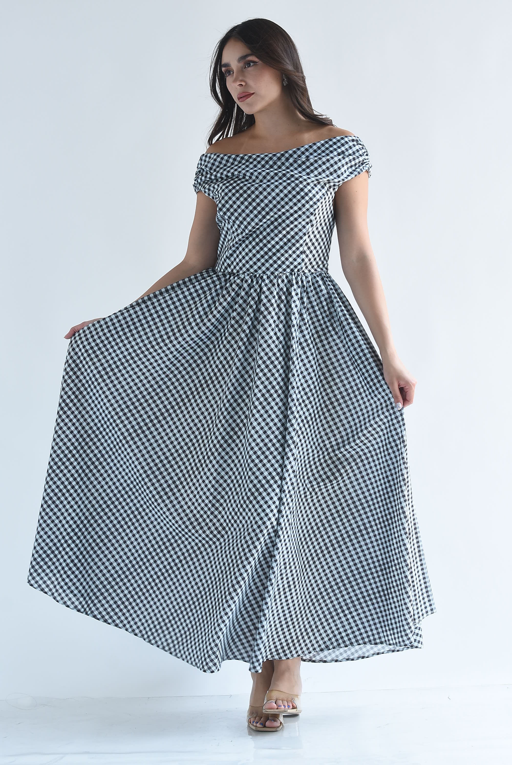Vestido off-shoulder cuadro vichy