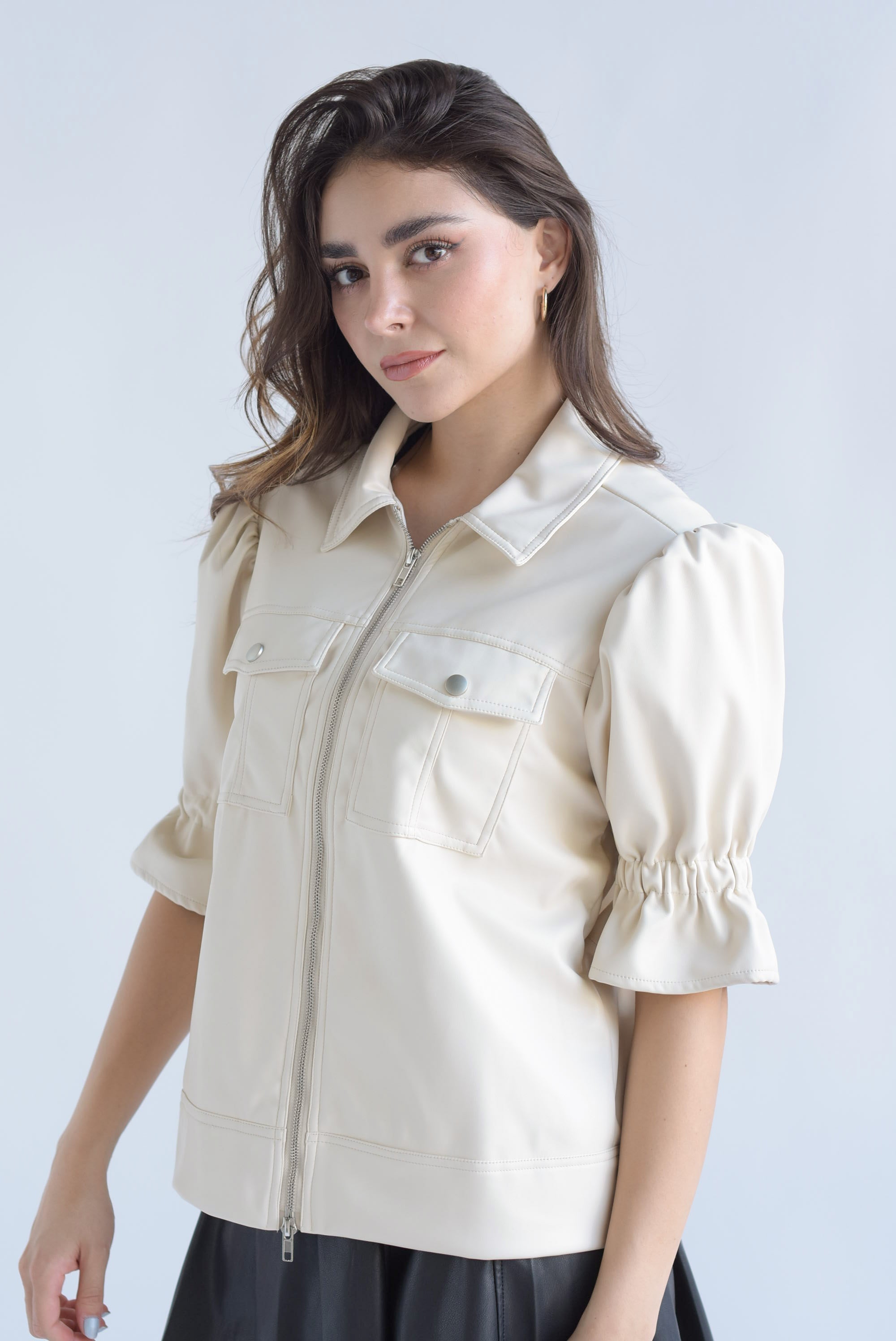 Chamarra vinipiel manga puffy 3/4 Ivory