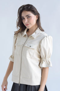 Fashion Styled Chamarra vinipiel manga puffy 3/4 Ivory