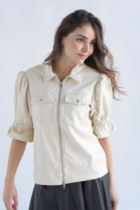 Fashion Styled Chamarra vinipiel manga puffy 3/4 Ivory