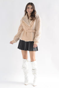 Fashion Styled Chamarra biker borrega con vinipiel Beige