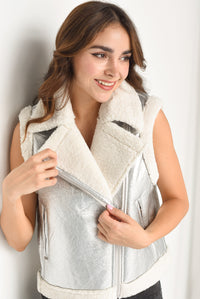 Fashion Styled Chaleco biker borrega Plata