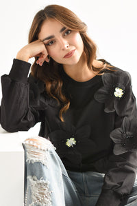 Fashion Styled Sudadera Flores con aplicaciones Negra