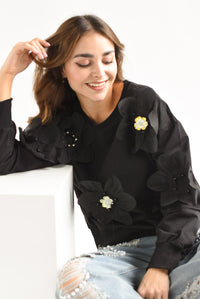 Fashion Styled Sudadera Flores con aplicaciones Negra