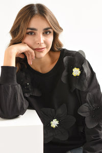 Fashion Styled Sudadera Flores con aplicaciones Negra