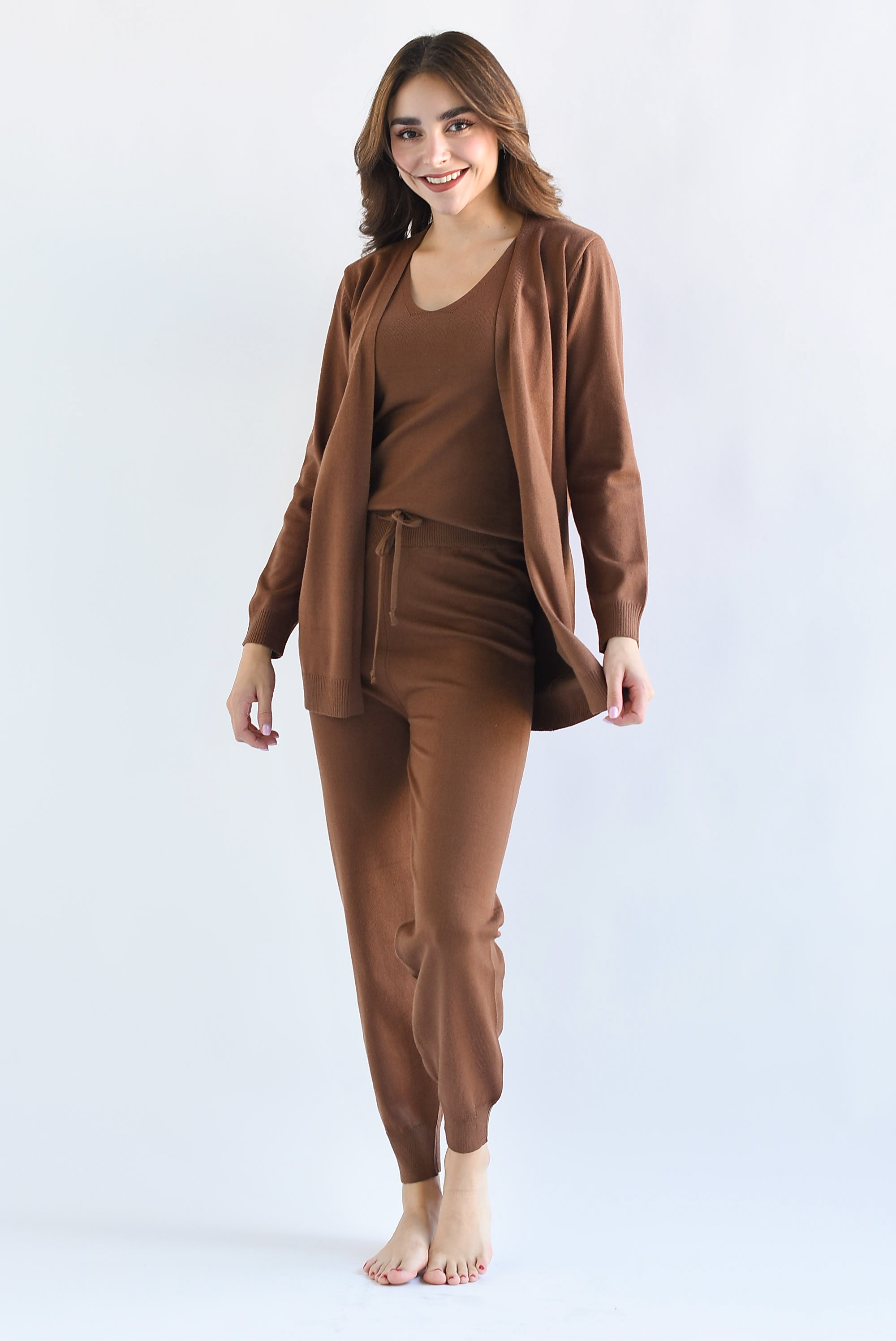 Set 3 piezas: Pantalón, Blusa y Cárdigan Café