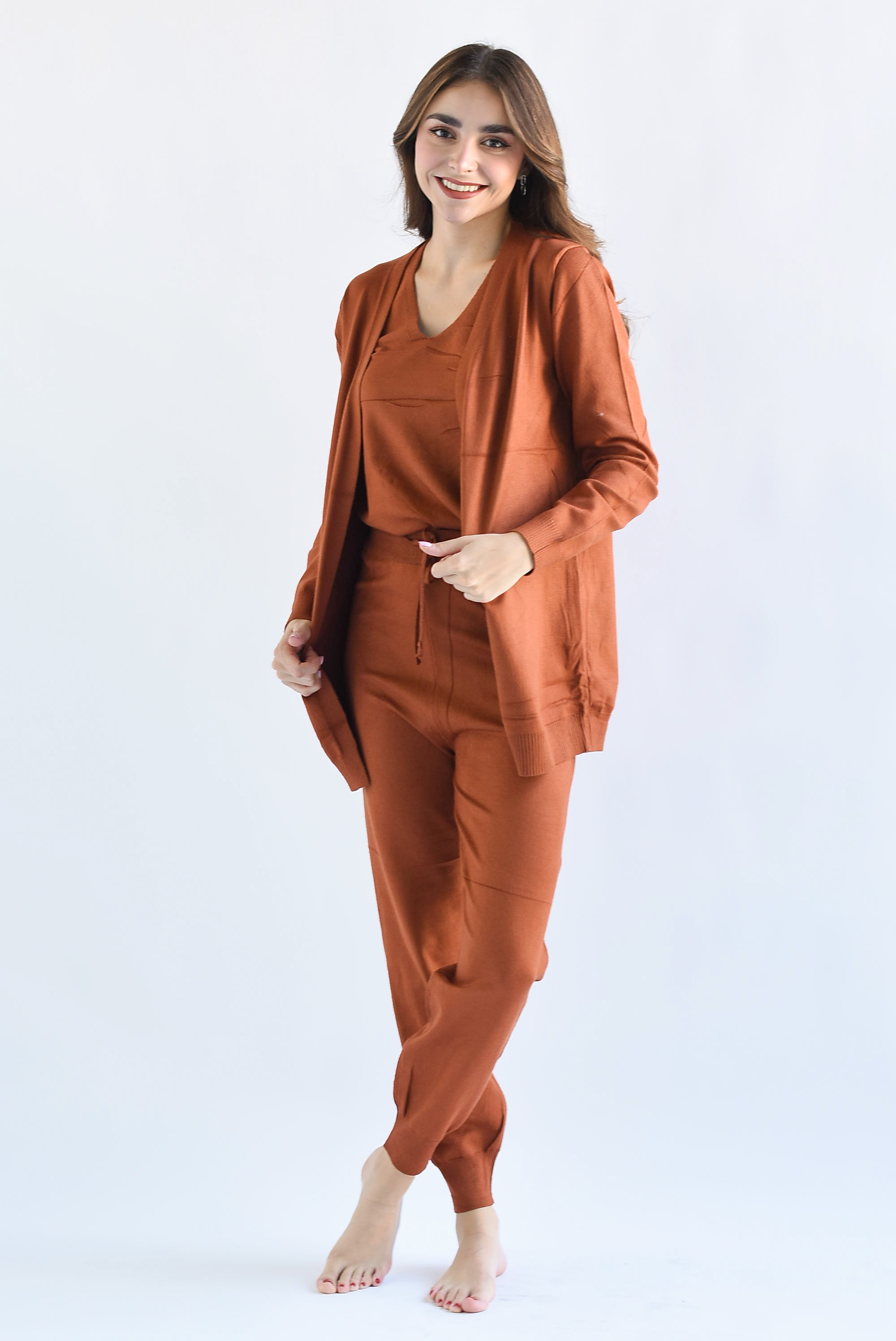 Set 3 piezas: Pantalón, Blusa y Cárdigan Camel