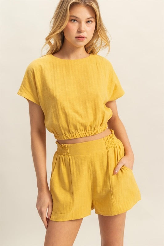 Set Short y Blusa lino Amarillo Mango