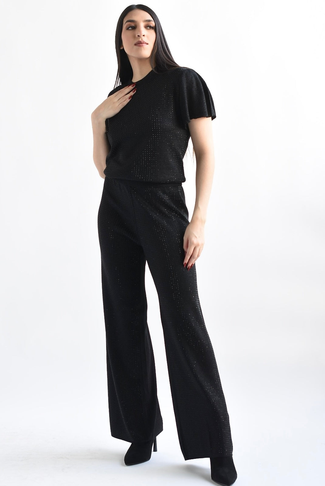 Set Pantalón y Blusa punto metalizado brillos Negro