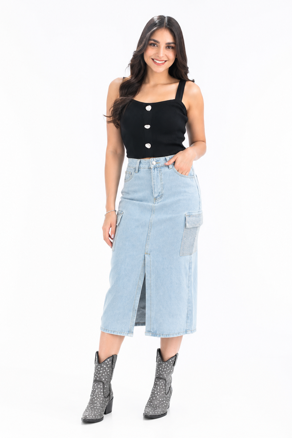 Falda denim cargo brillos Light