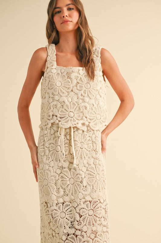 Set Falda larga y Blusa crochet flores Crudo