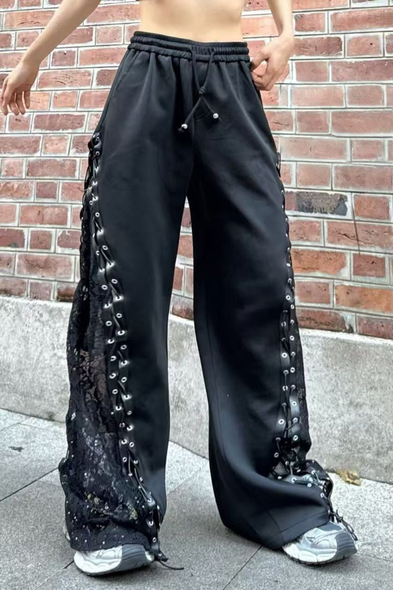 Pantalón cuerdas encaje Negro