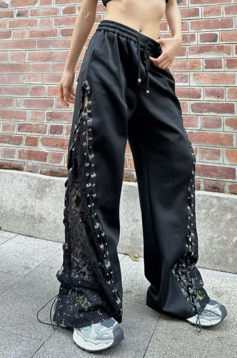 Pantalón cuerdas encaje Negro