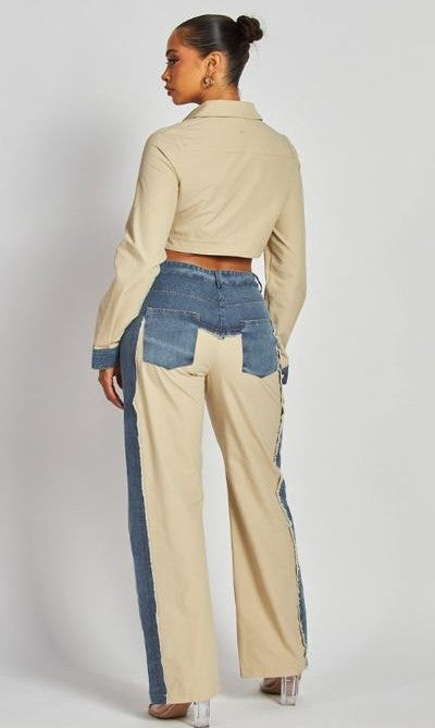 Set Pantalón y Chamarra Denim patchwork Kaki