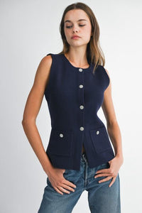 Fashion Styled Chaleco punto botones joyas Azul Marino