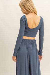 Fashion Styled Set Pantalón wide leg y T-shirt crop manga larga Azul Denim