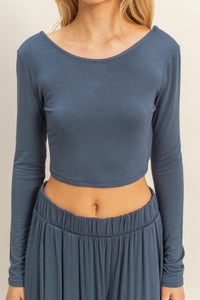 Fashion Styled Set Pantalón wide leg y T-shirt crop manga larga Azul Denim