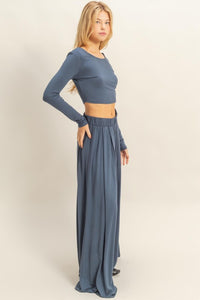 Fashion Styled Set Pantalón wide leg y T-shirt crop manga larga Azul Denim