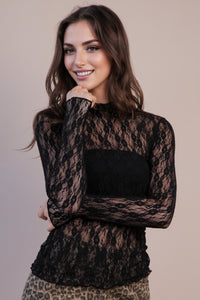 Fashion Styled Blusa manga larga encaje flores Negro