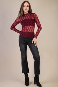 Fashion Styled Blusa manga larga encaje flores Vino