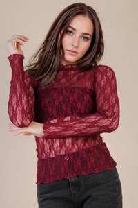 Fashion Styled Blusa manga larga encaje flores Vino