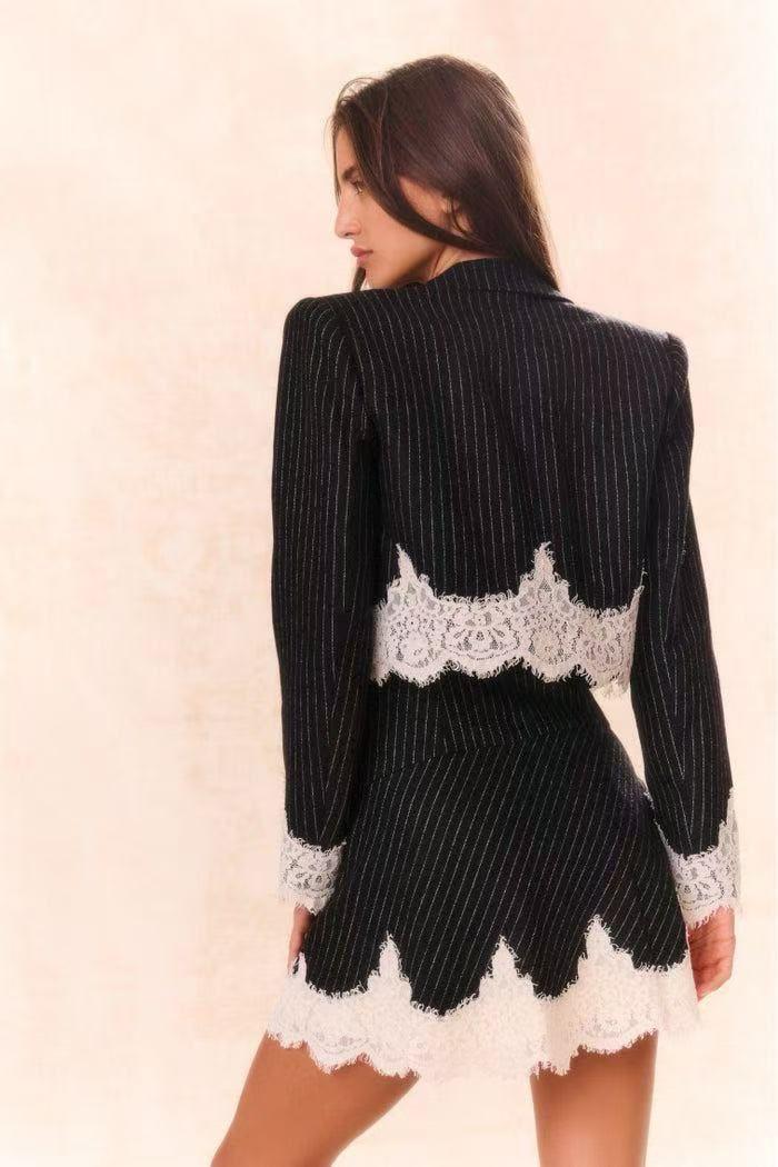 Set Vestido y Blazer raya diplomática encaje Negro