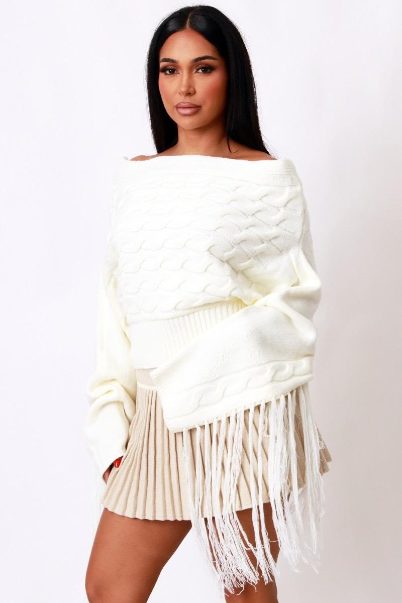 Sweater off-shoulders flecos Ivory